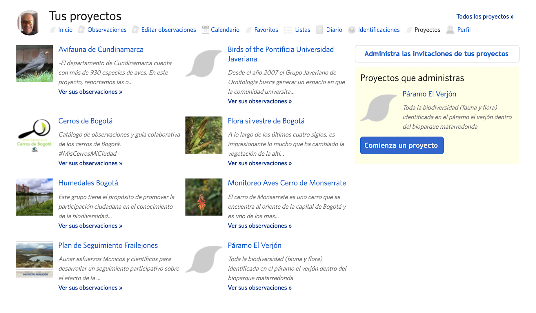 Proyectos registrados en perfil de usuario en iNaturalist